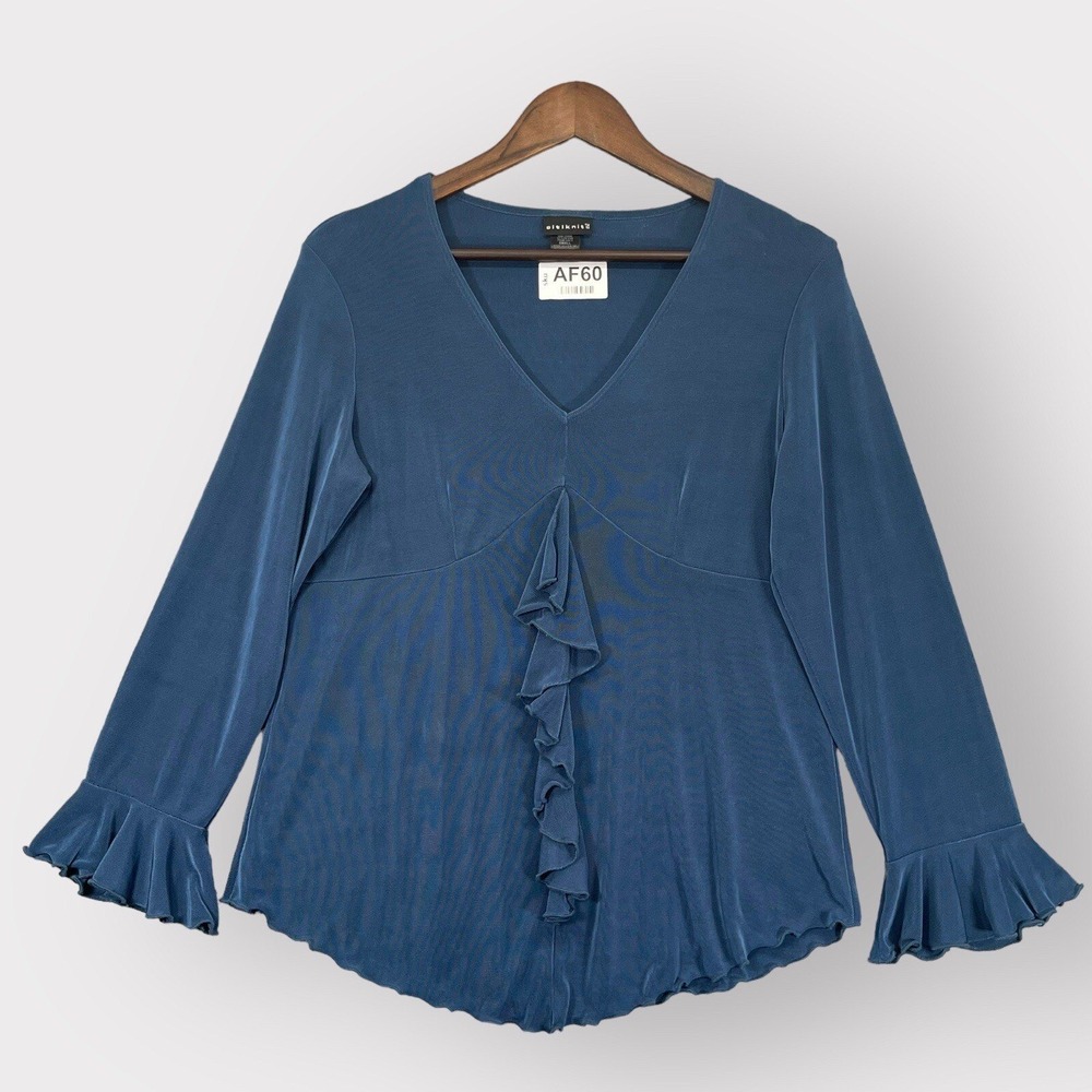 Citiknit Ruffle Front Top Womens Small Blue Good Bell Sleeve V-Neck Lettuce Edge